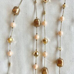 Bronze And Gold Toned Long Necklace Beads and Pearls 60inches